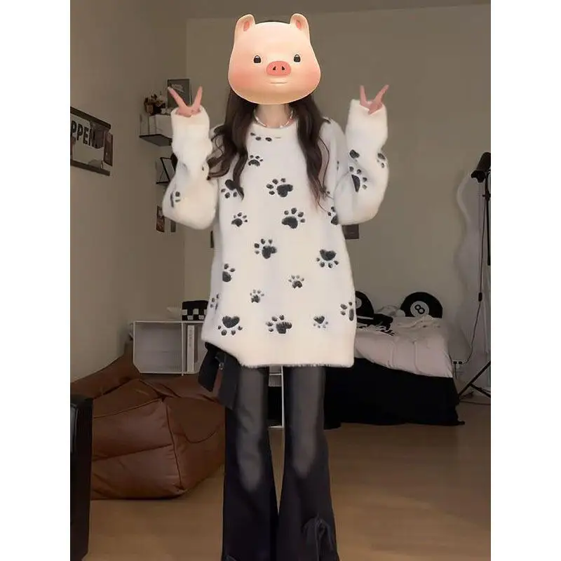Outono inverno menina camisola bonito doce cão pata jacquard estilo preppy manter quente topos macio e pegajoso solto estudante capuz malhas