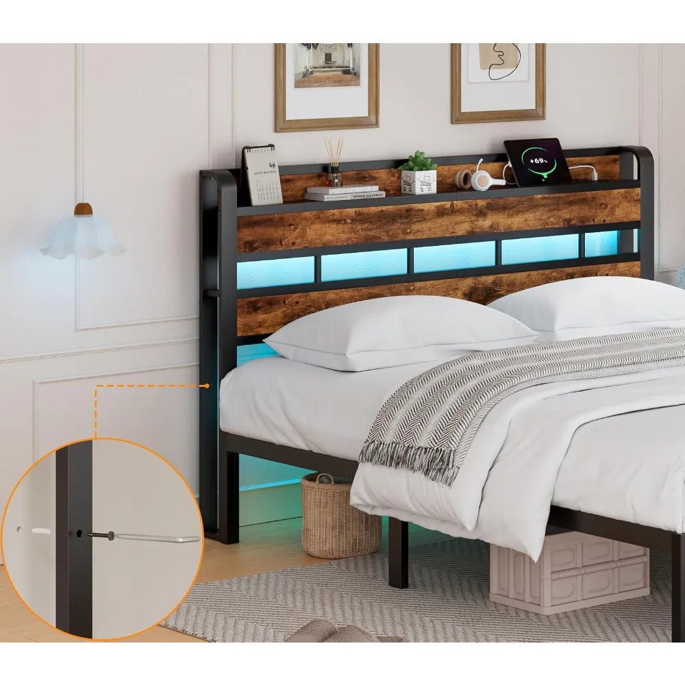 Queen Headboard with Storage Shelf,Headboards with RGB LED Light,USB Port and Charging Station,Sturdy Metal Frame & Wood Shelf