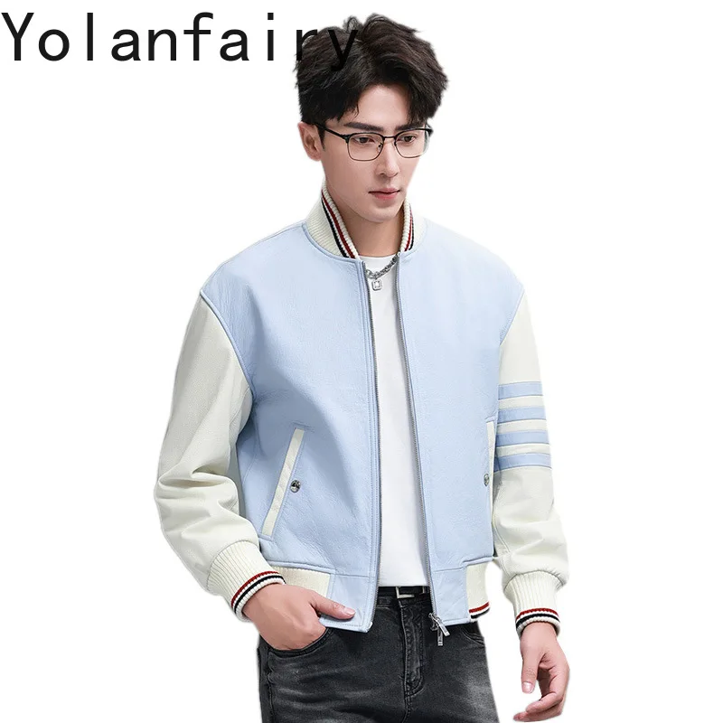 YOLANFAIRY Genuine Leather Jacket Men's First Layer Cowhide Leather Coat Short Baseball Coats  American Casual Leather Jackets