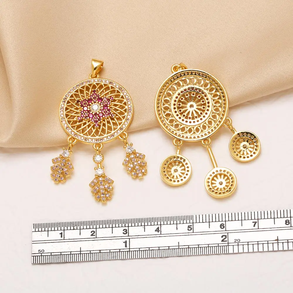 OCESRIO Pink Crystal Big Dream Catcher Pendant for Necklace Mandala Flower Copper Gold Plated Jewelry Making Component pdtc070