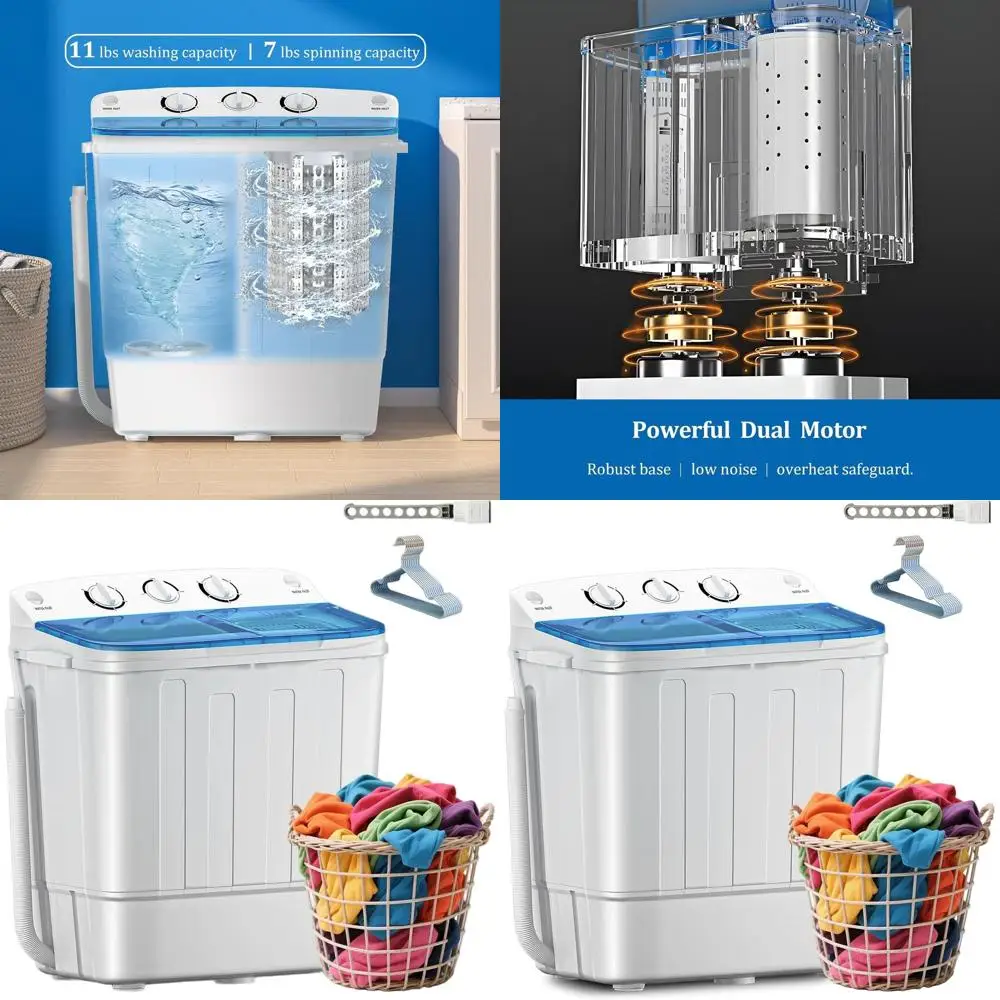 

Мини-стиральная машина с двумя баками и сушилкой, загрузка 18 фунтов, отжим 7 фунтов, идеально подходит для общежитий и квартир (синяя)