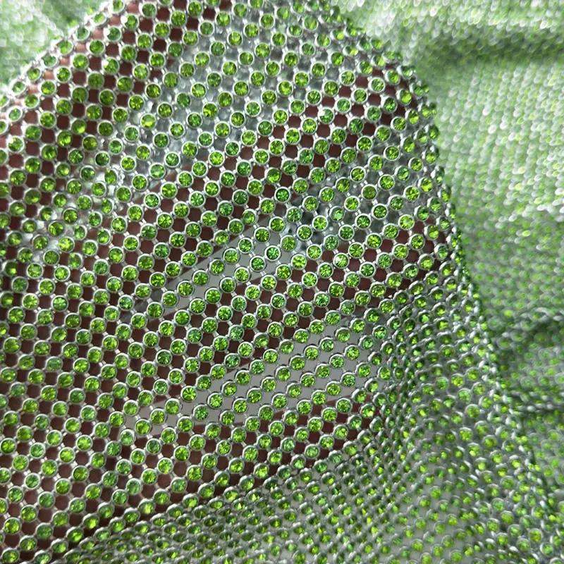 Silver Bottom Green Luxury Fashion Metal Crystal Mesh Fabric Copper Chainmail Rhinestone Fabric For Hang Bag Clothing