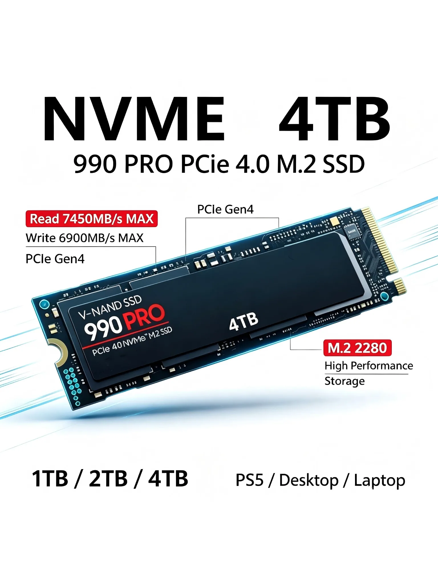 2026 Original 990 PRO M.2 SSD 1TB 2TB 4TB, 7450MB/s Lesegeschwindigkeit PCIe Gen4 NVMe, Interne Solid-State-Festplatte für PS5 Gaming Desktop Laptop
