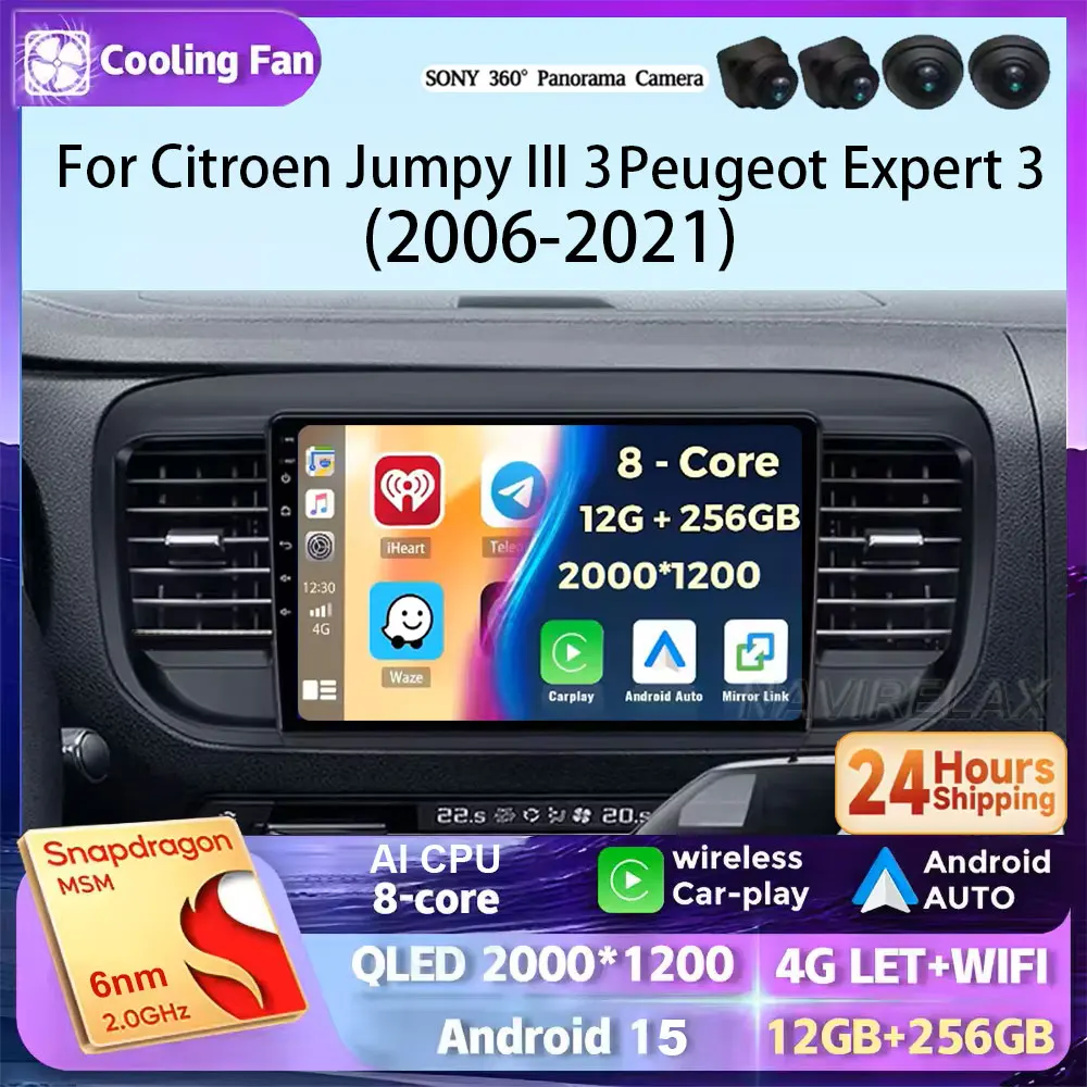 Android 15 Carplay Auto para Citroen Jumpy III 3 SpaceTourer 1 para Peugeot Expert 3 2016 2017 2018 - 2021 DSP 4G WiFi 360 cámara
