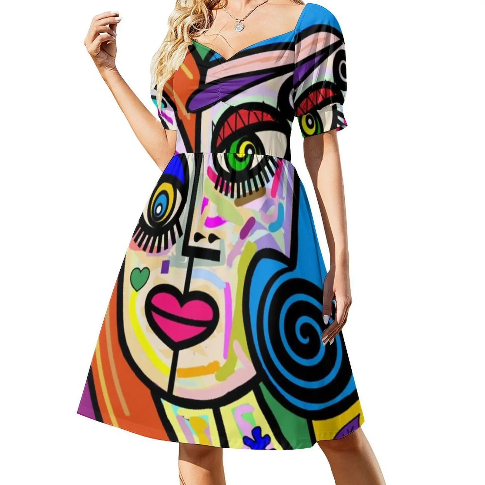 Funky senhoras rosto abstrato no 2 vestido blusa floral para mulheres primavera verão vestido casual para festa multicolorido picasso abstrato