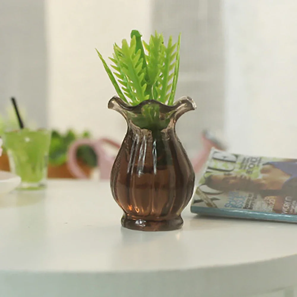 3Pcs 1/12 Dollhouse Miniature Resin Vase with Flower Mini Green Plants Model Toy Doll House Accessories Decoration