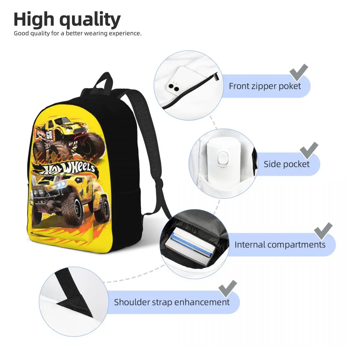 Hot-Wheel - Lincoln Design Mochila Médio High College School Estudante Bookbag Adolescentes Daypack Leve