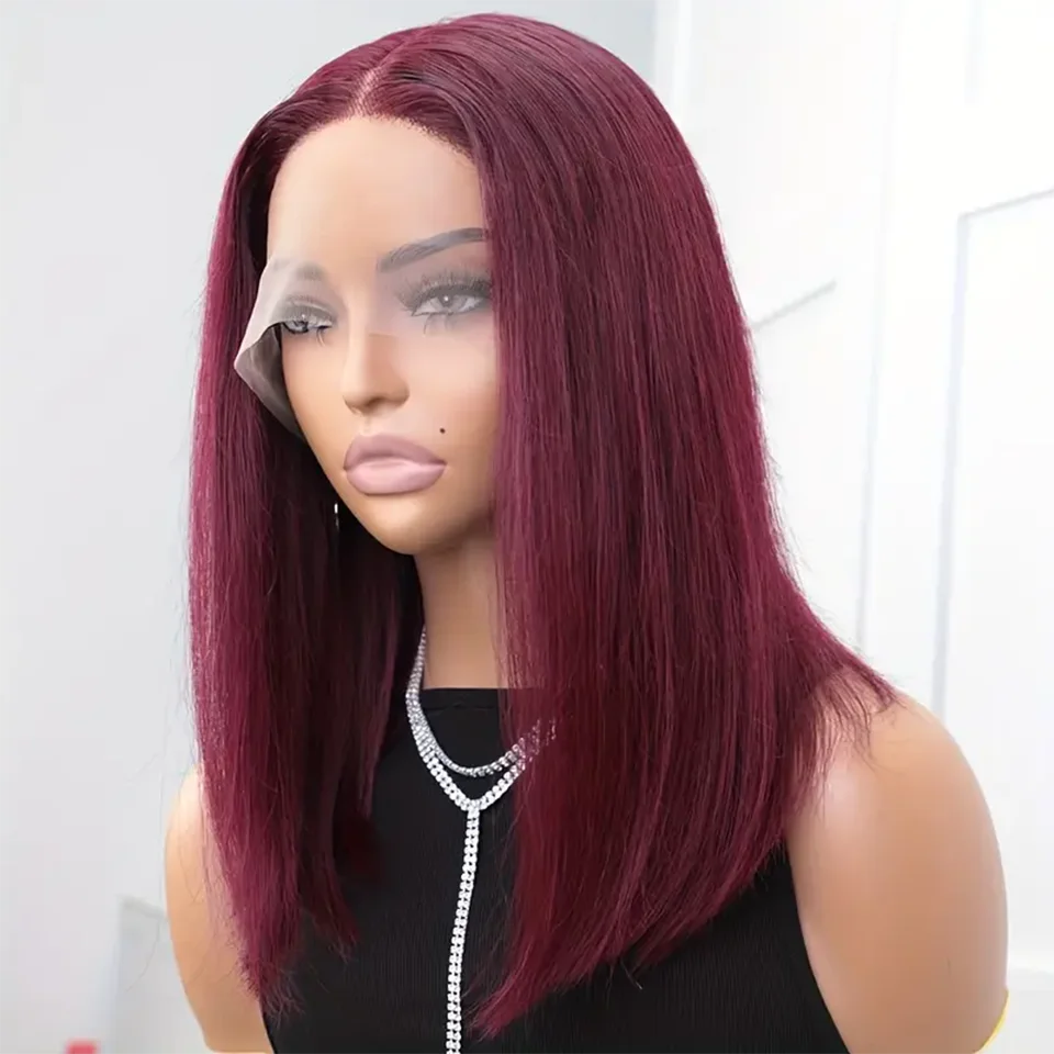 

99j Burgundy Straight Bob Wig Human Hair 13x5x1 Hd Lace Front Wigs 180%D Short Cut Pre Plucked Remy Human Hair Wig For Women