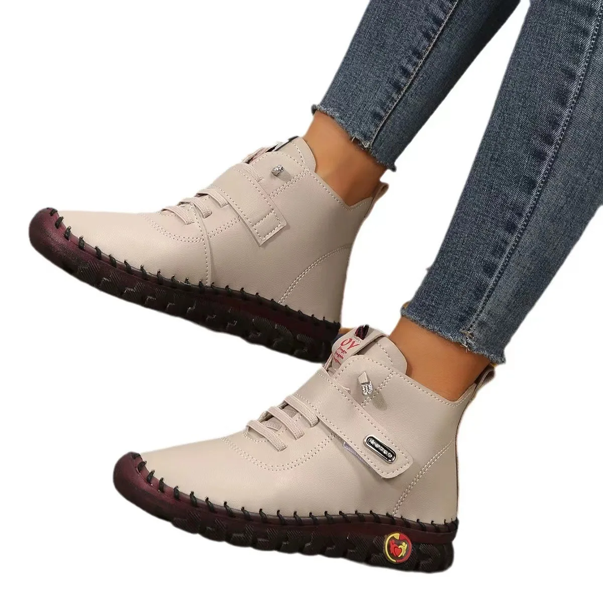 Fashion Ladies High Top Casual Shoes Women Leather Autumn Winter Ankle Boots Soft Sole Flat Female Comfort Walking Shoes Booties