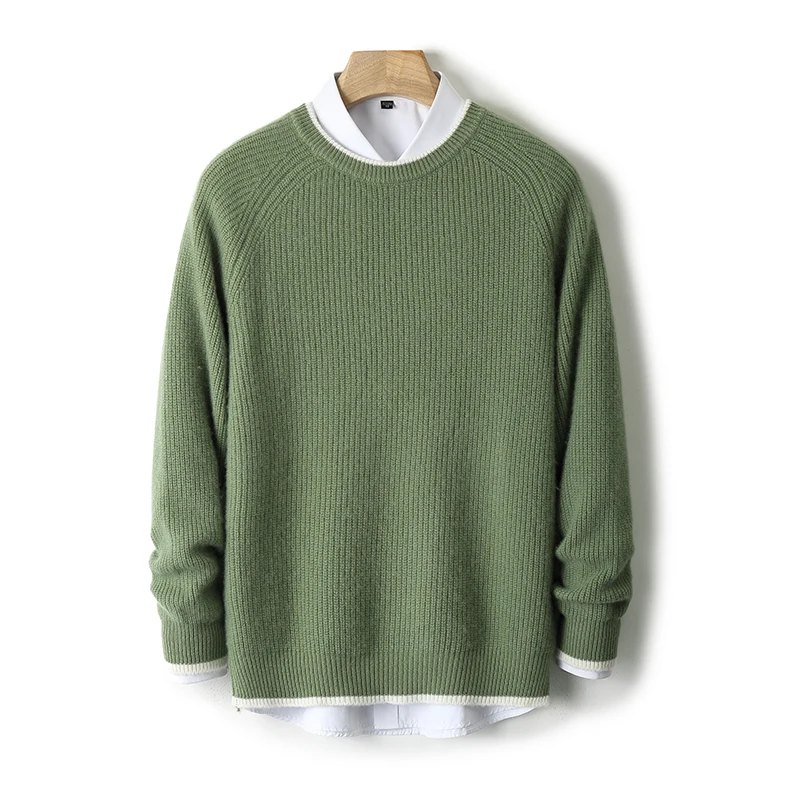 

100% wool men's O-neck high-end sweater in autumn and winter of 2024. Thickened young fashion warm knitted cashmere sweater.