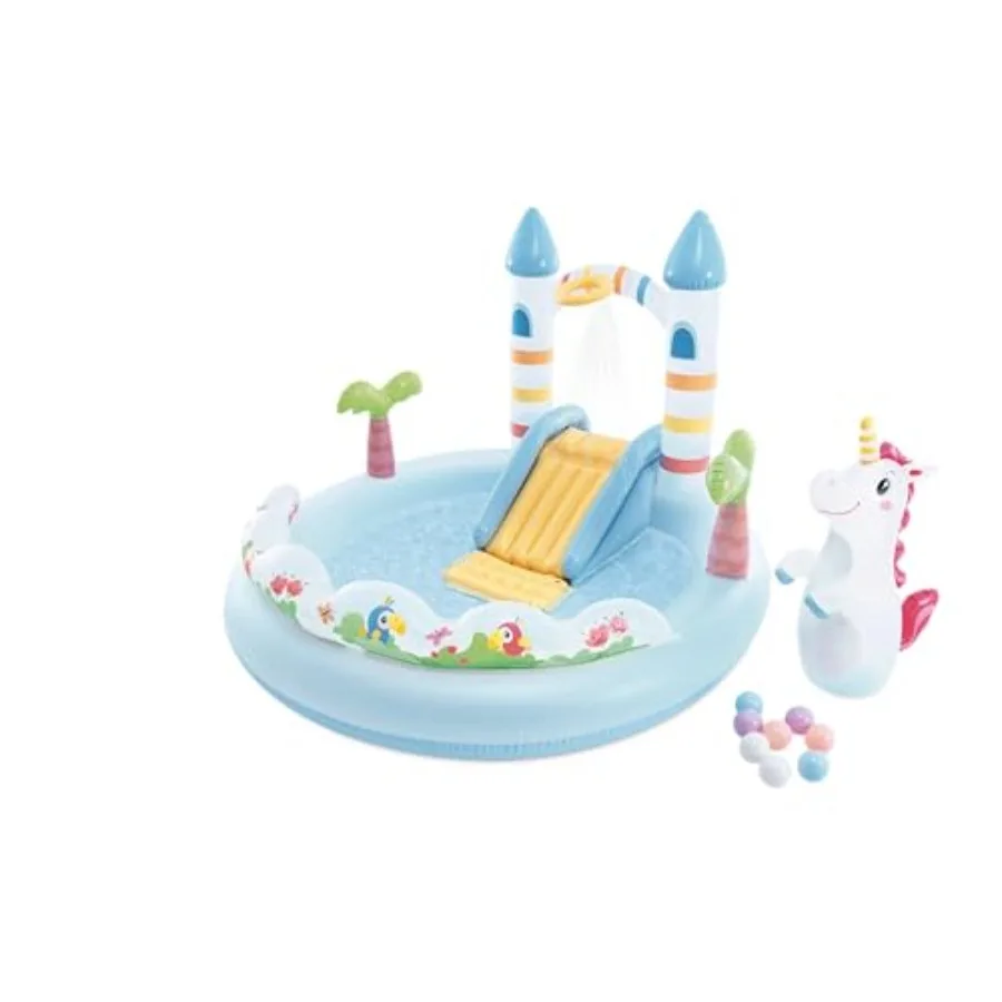 

Backyard inflatable kiddie pool for ages 3+, PVC material, pastel pink and blue, includes water sprayer and slide for interacti