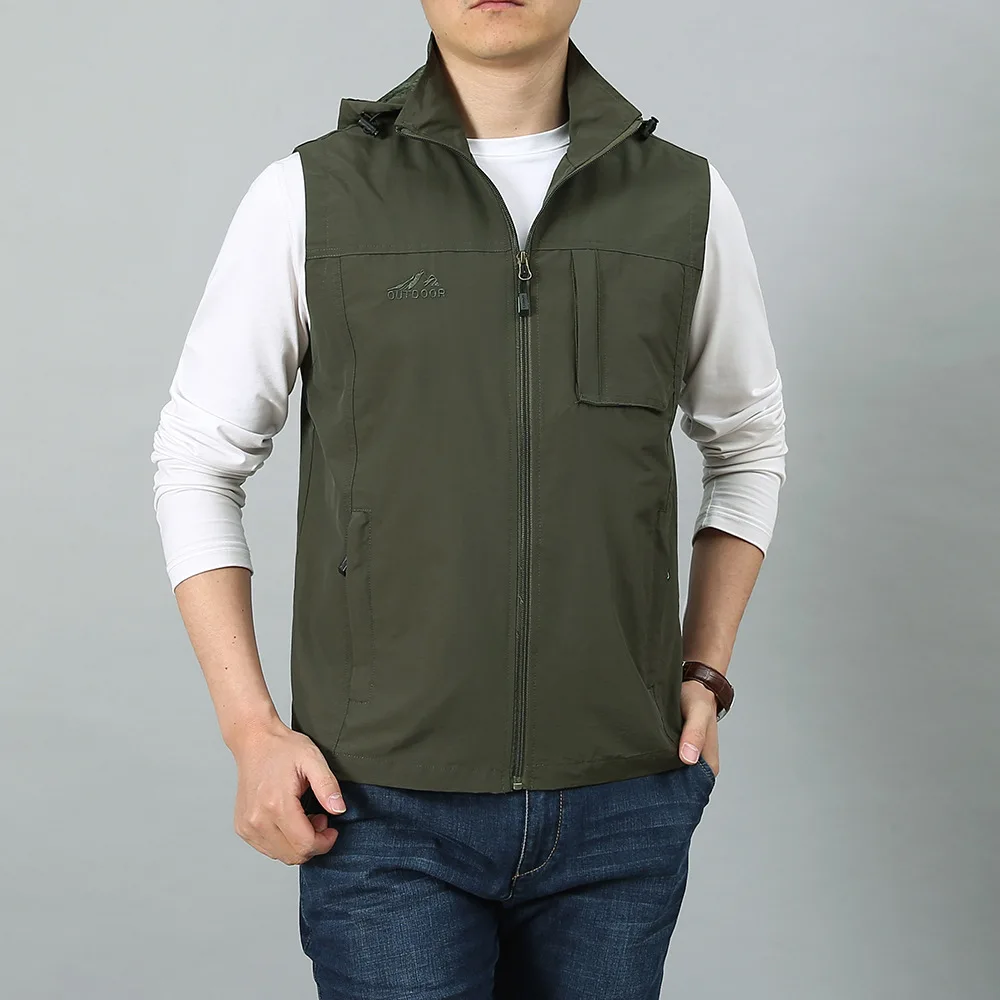 Man Waistcoat Spring Autumn New Loose Casual Stand Collar Hooded Male Cargo Vest Simple Solid Color Pocket Outdoor Men Vest