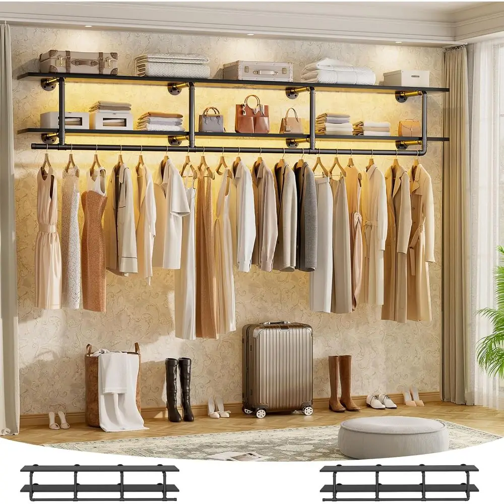 Space-Saving 73 Wall Mounted 2-Tier Pipe Clothes Rack with Top Shelf for Laundry and Closet Storage, Black