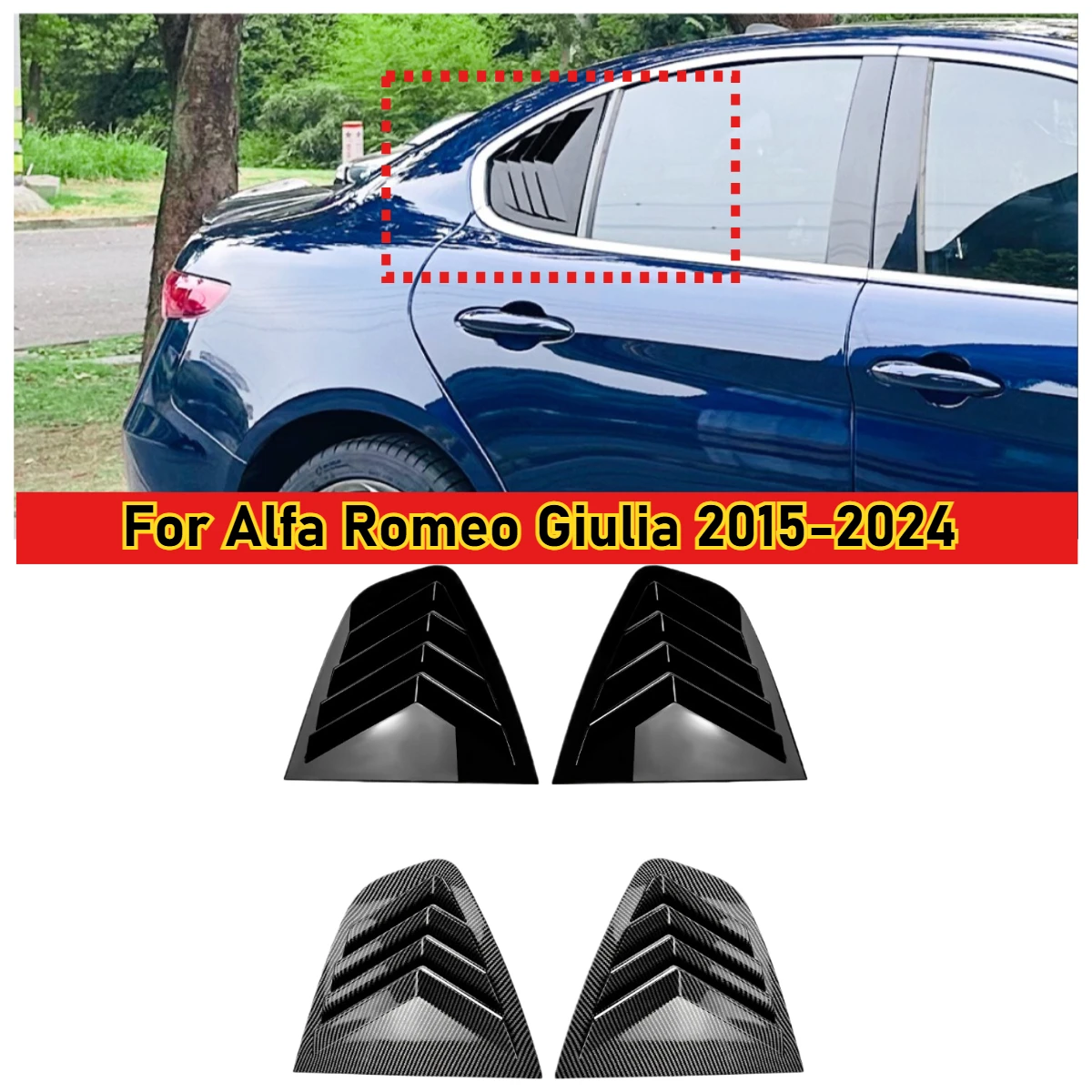 

For Alfa Romeo Giulia 2015-2024 Rear Side Window Louver Shutter Trim Cover Carbon Fiber Look/Gloss Black Windshield Sun Shade