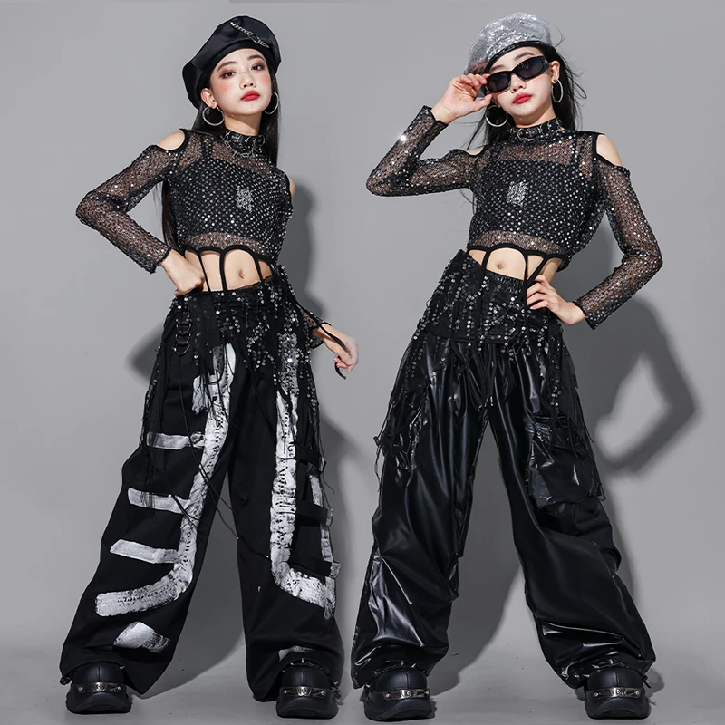 

Jazz Dance Clothes Girls Kpop Show Stage Outfit Sequin Black Top Hip Hop Loose Pants Children Fashion Street Dance Wear AMY2977