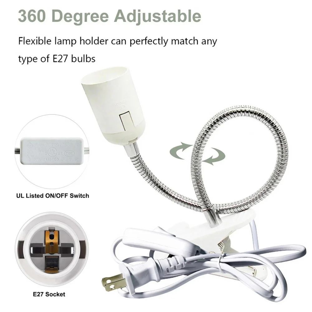 E2 EU US Plug 360 Degrees Flexible Desk Lamp Holder E27 Base Light Socket Gooseneck Clip-On Cable + On Off Switch for Home Plant