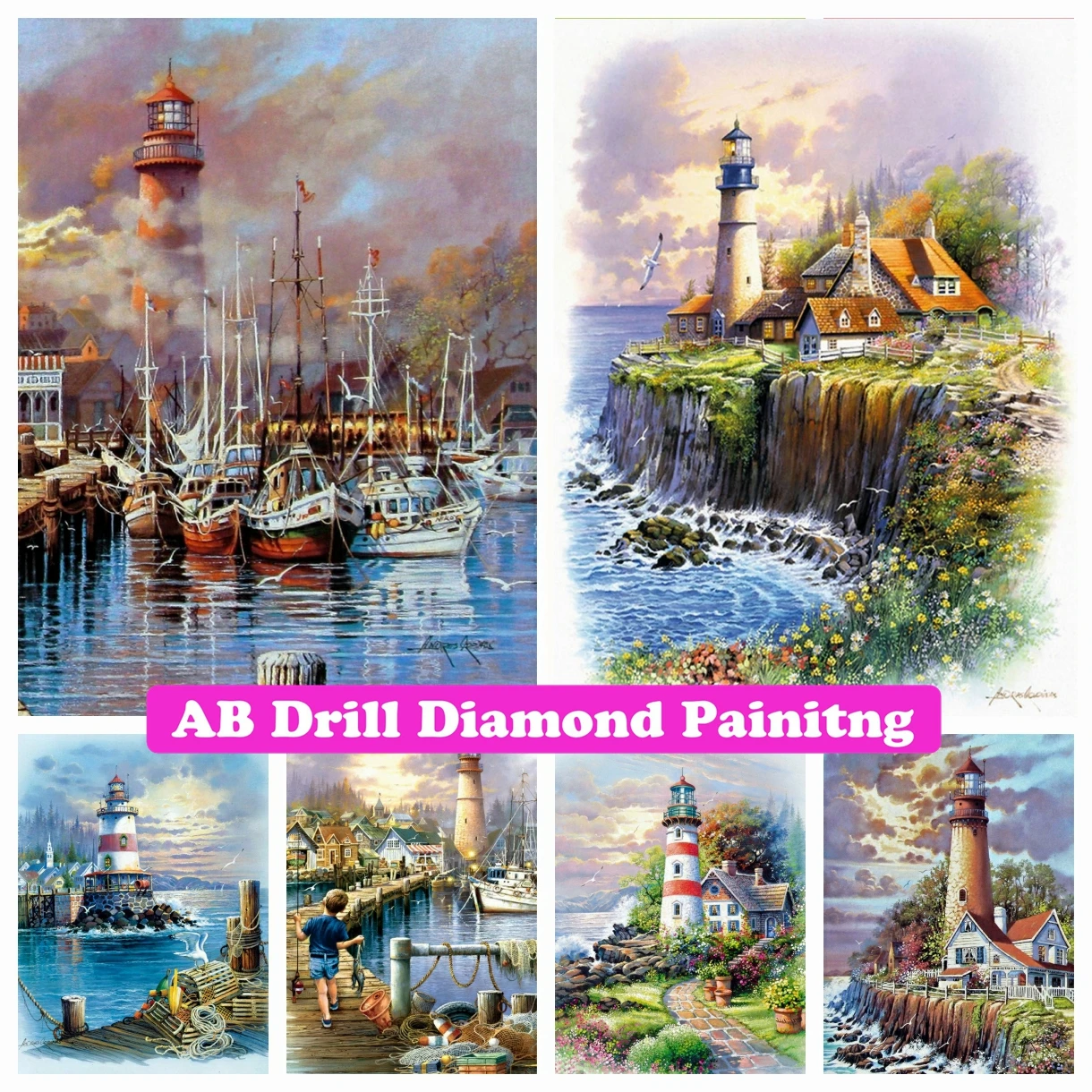 

Lighthouse & Boat Seascape 5D AB Drills Diamond Painting Mosaic Cross Stitch Artwork Landscape Handmade Rhinestones Home Decor