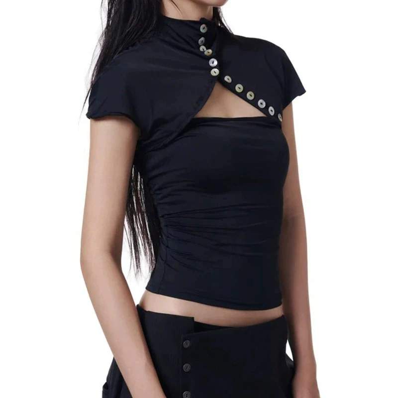 Retro American Hot Girl Backless Short Sleeve T-shirt Women's Summer New Irregular Stand Collar Slim Fit Slimming Top Ins Style
