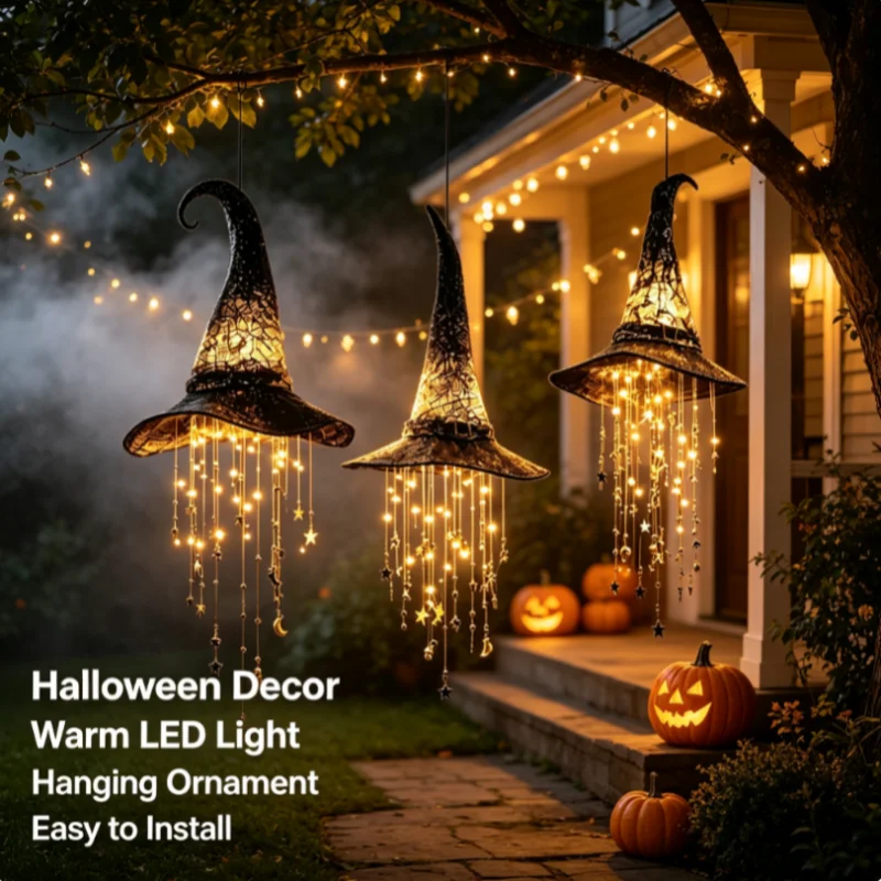Lighted Witch Hat Hanging Chime LED Halloween Hanging Deco with Cascading Stars Versatile Indoor Outdoor Ornament