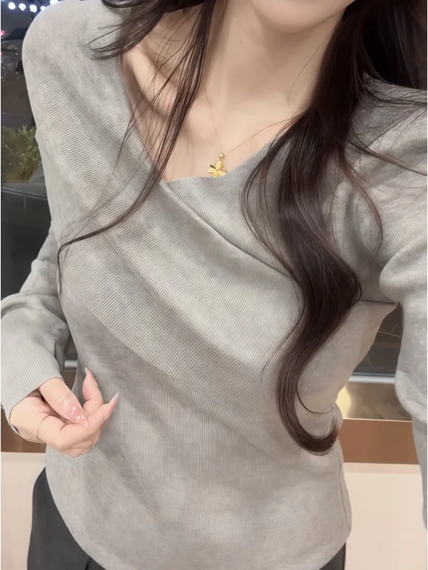 

plus Size Korean Sle V-Ne oulder Bared Long Sve Knitwear Women's Autumn Winter Slimming Base Layer Top