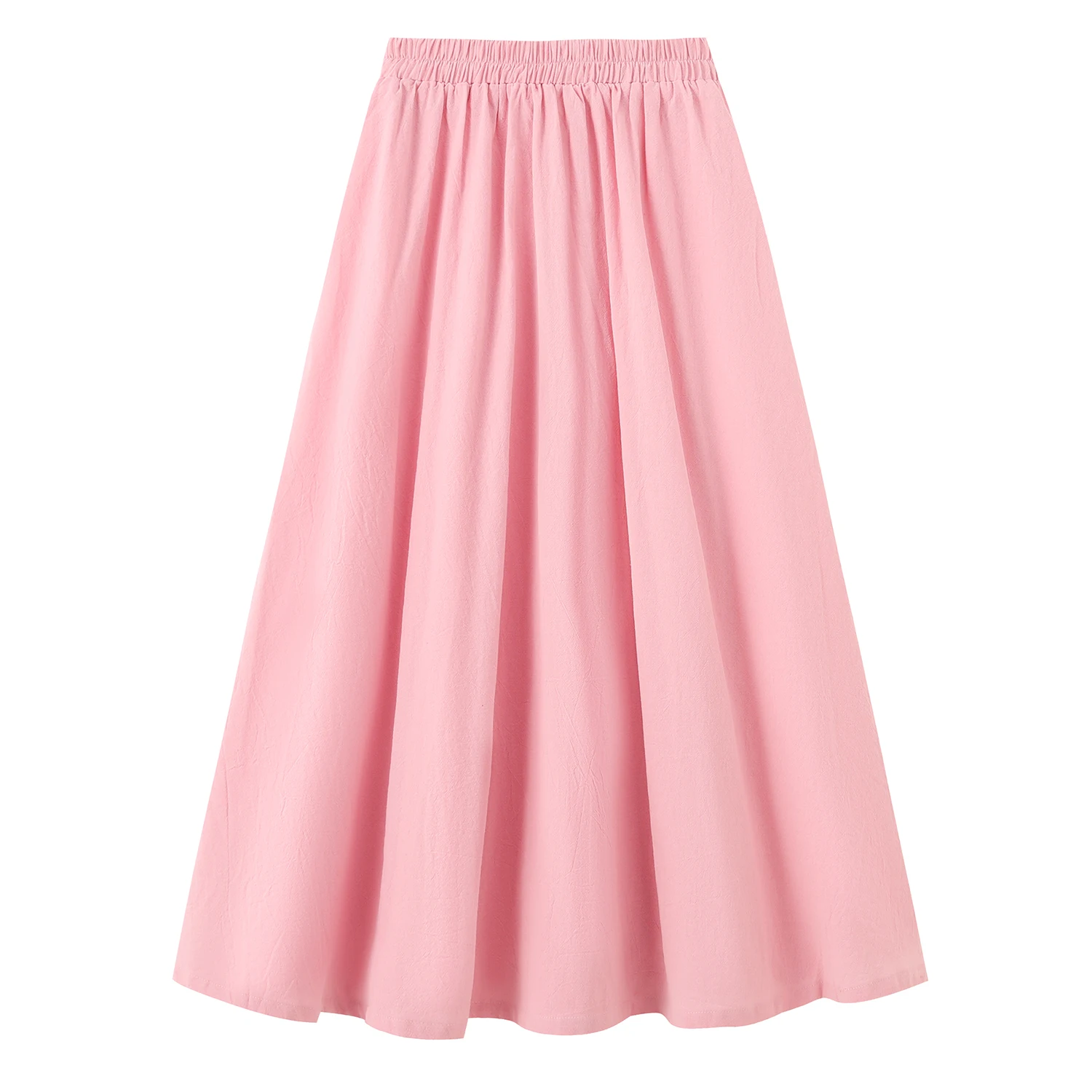 

Women's Cotton Linen A-line Midi Skirts Elastic High Waist Black White Navy Blue Pink Skirt Summer Solid Casual Vintage Skirt