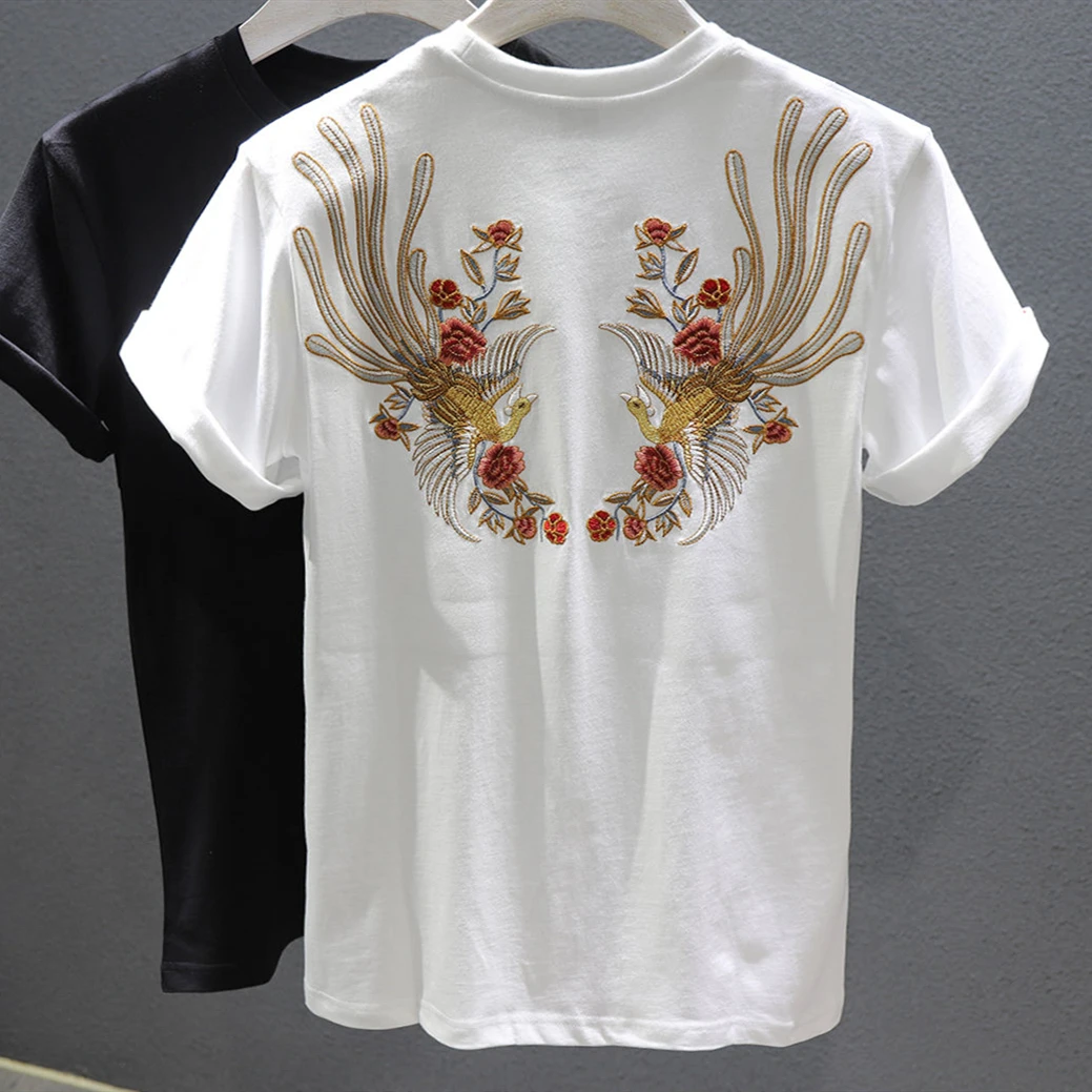 Y2k Aesthetic Phoenix Bird Embroidery T Shirts Cotton Material White Tops Summer Casual O-neck Graphic Tee Vintage Streetwear