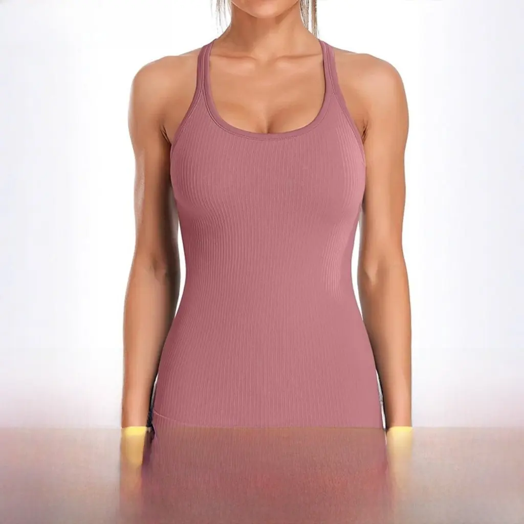 

Women's ATTRACO Ribbed Sport Vest Low Crewneck Tight I-Shaped Vest with Built-in Bra Sport Top