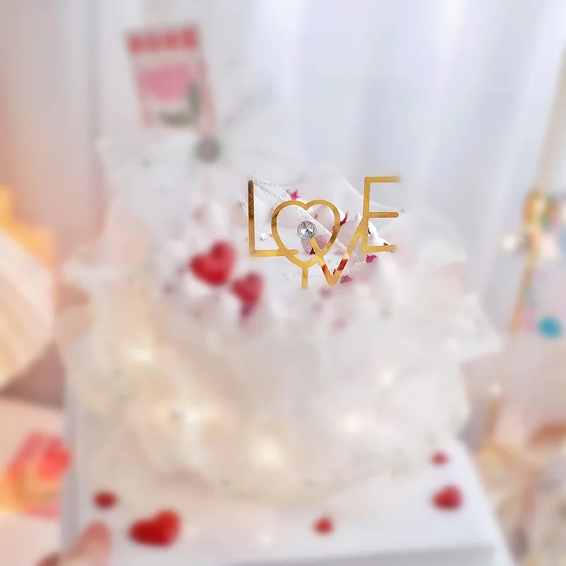 New No Stick Love Wedding Cake Topper Gold Engagement Ring Acrylic Cupcake Topper for Wedding Party Supplies Cake Decorations