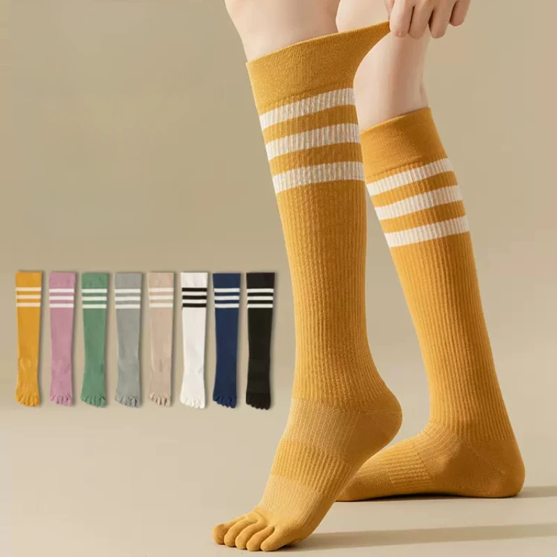 Professional Pilates Yoga Socks Women Fashion Striped Non-slip Fitness Dance Sports Socks Five Toes Cotton Long Socks Stockings