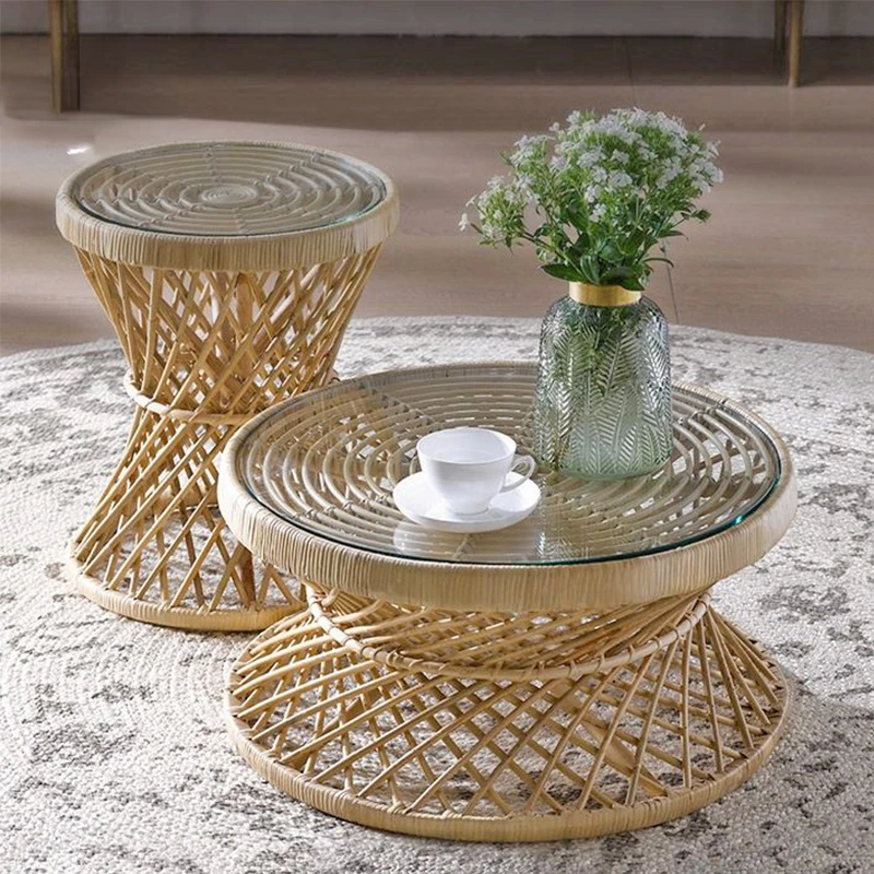 Handmade Vine Woven round Small Coffee Table Living Room Real Rattan Simple Hourglass Rattan Woven Table Round Table