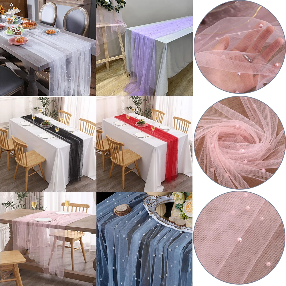 

Pearl Multiple Colors Table Cloth Wedding Table Runner DecorationsTulle Fabric for Bridal Shower Wedding Dessert Arch Veil Lace