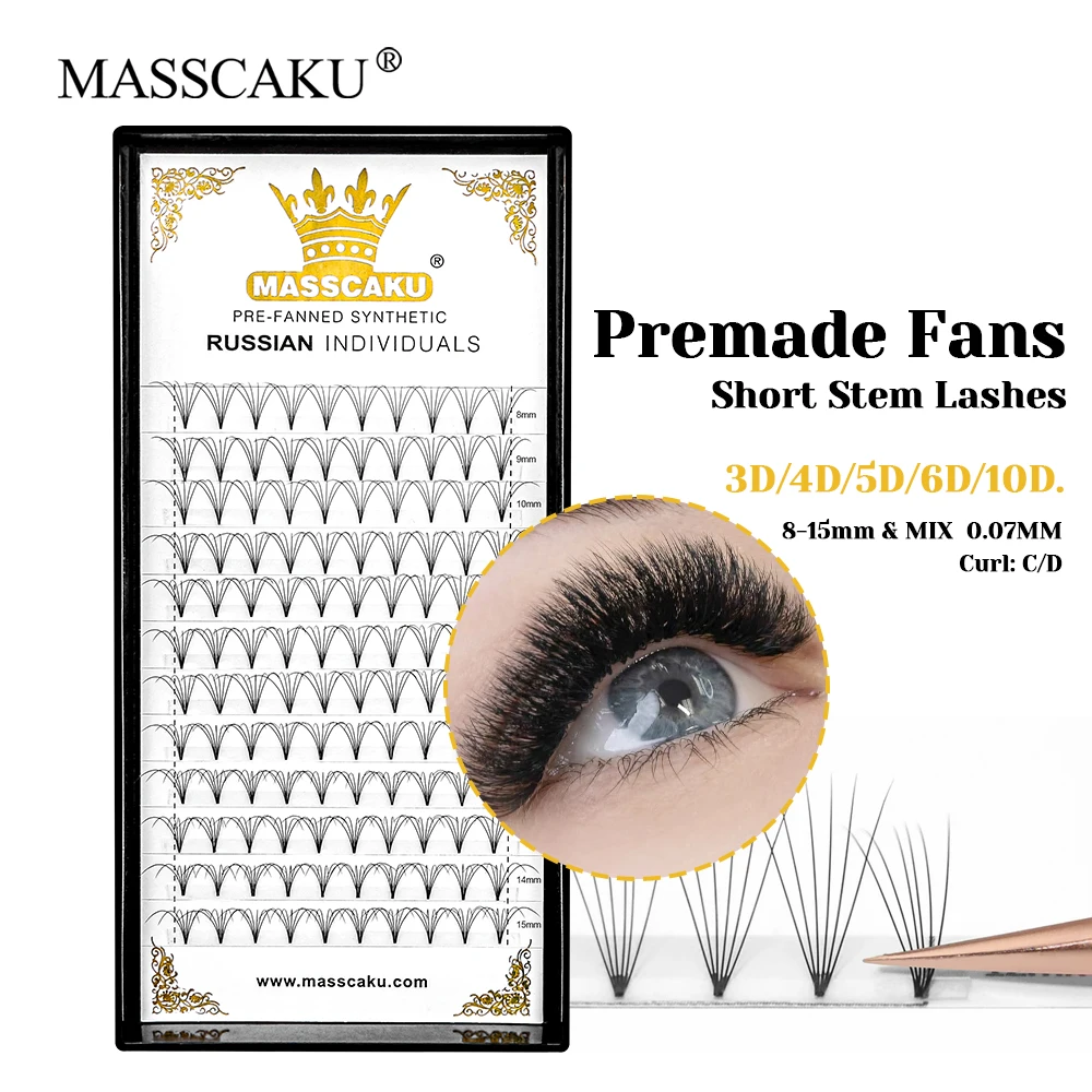 

Customized Private Logo 0.07mm Thickness Russian Volume Lashes Premium Velvet Fiber 10D Short Stem Premade Fans Lash by MASSCAKU