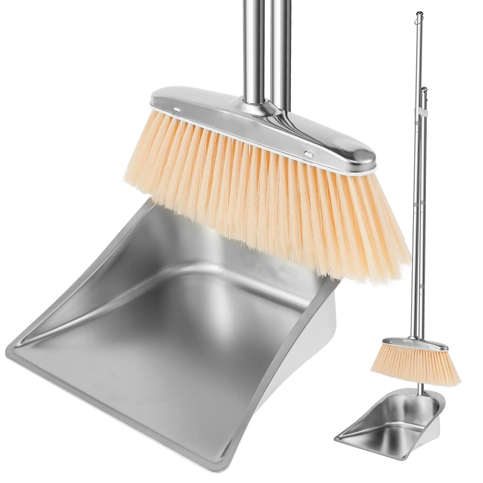 Stainless Steel Broom Dustpan Set Plastic Upright Broom Dustpans with Long Handle Heavy Duty Dustpan Broom Combo Set Portable