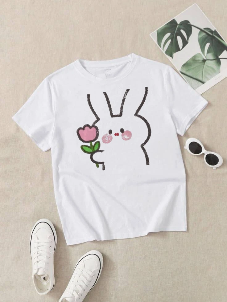 Women's Short-sleeved T-shirt with Cute Rabbit Embroidery Print Round Neck Loose Fit Couple Style Summer Women's Clothing