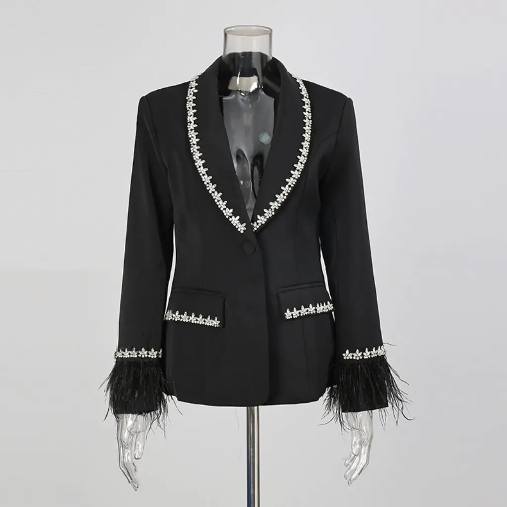 

French Collar Design Diamond Embedded Splice Luxury Slim Fit Short Suit Top Autumn Initial Outerwear Elegant Women's Fashion