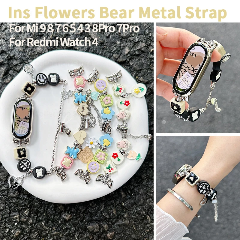 Ins Flowers Bear Metal Strap for Xiaomi Mi Band 9 8 7 6 5 4 3 Handmade Cute Beads Bracelet for Miband 7 Pro 8 Pro Girl Wristband