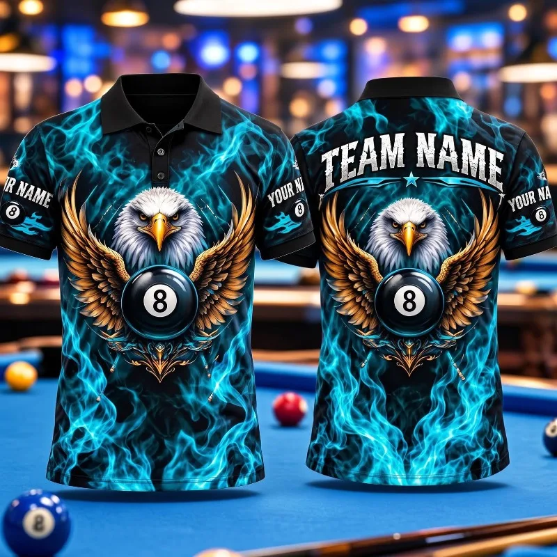 Men's Custom Billiards Polo Shirt Eagle 8 Ball Print Short Sleeve Personalized Name Pool Team Uniform
