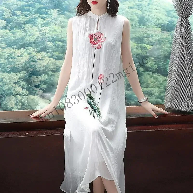 1 Pcs/Lot Chinese Style Embroidered Cheongsam Sleeveless Vest Chiffon Woman Print Dress CMM221