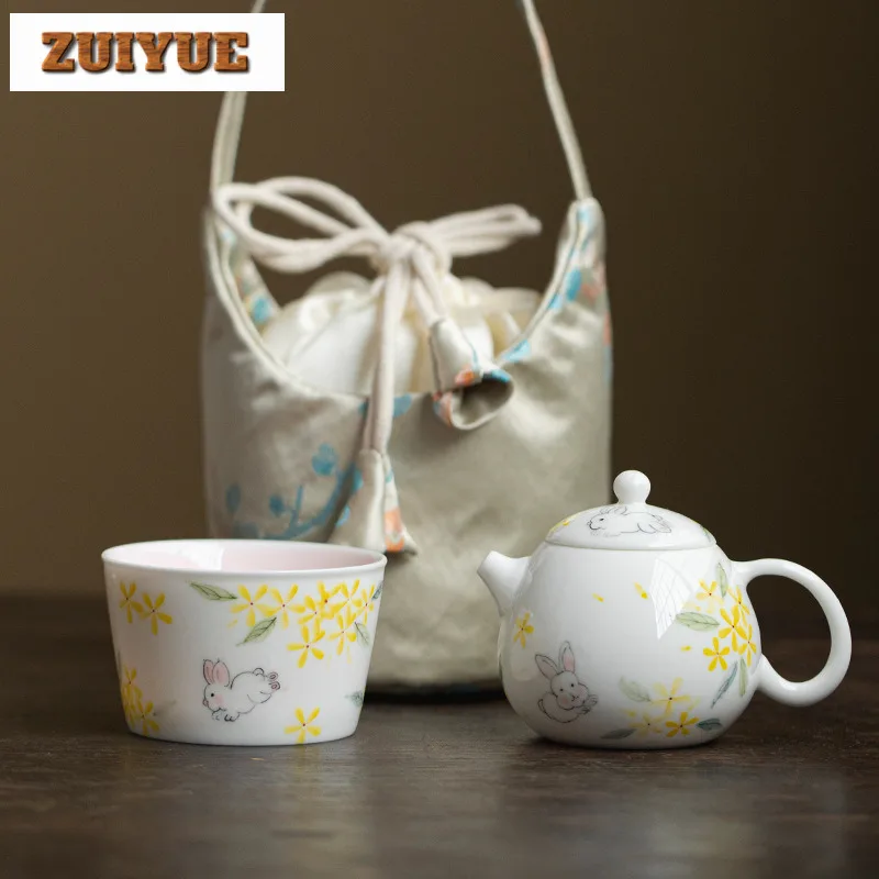 

Hand-painted Osmanthus Rabbit Travel Tea Set Kit Zen 1 Pot 1 Cup Tea Maker Organizer Portable Outdoor Handbag Ornaments Craft