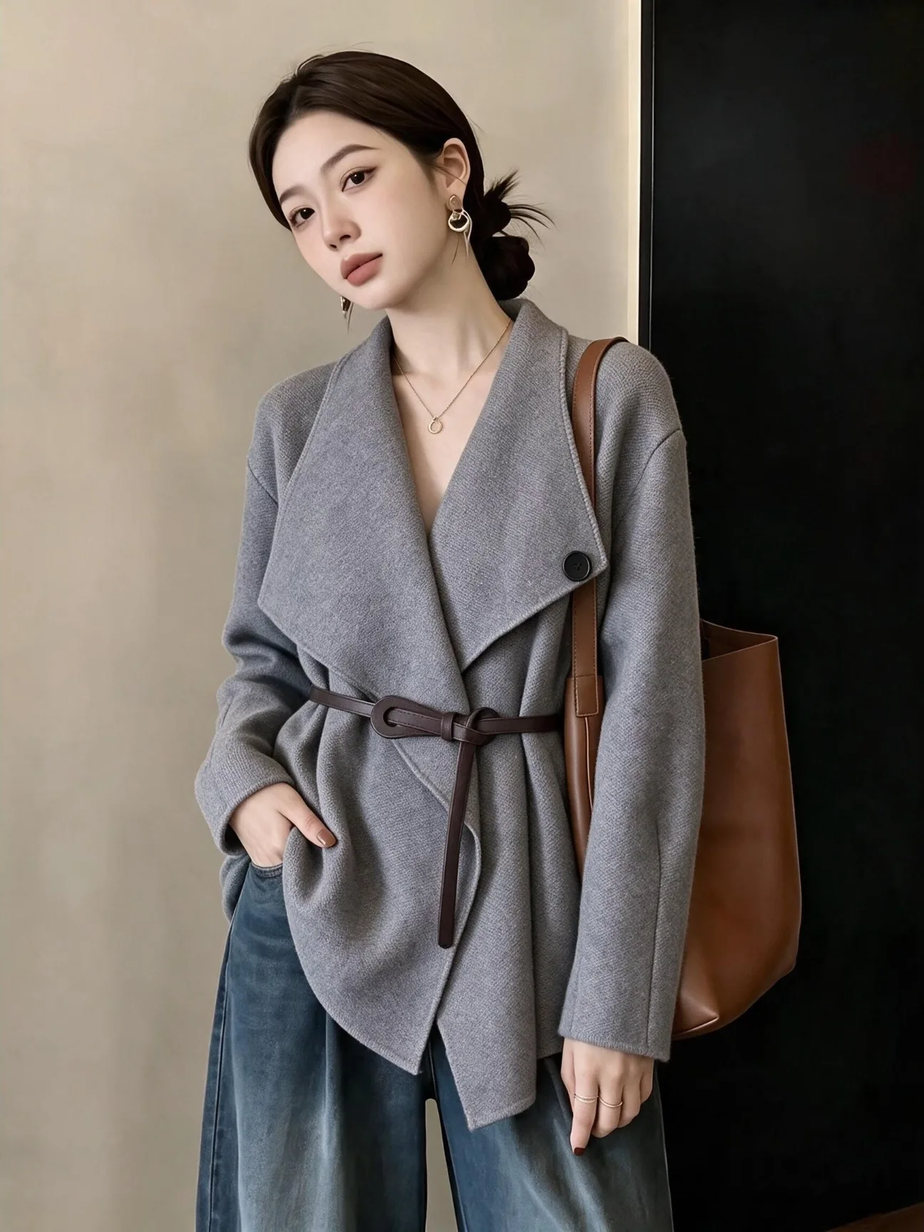Fall Korean Style Irregular Collar Oversize Women's Jacket Waist Cinched  Color Mid-Length Outerwear Open Cardigan Windb...