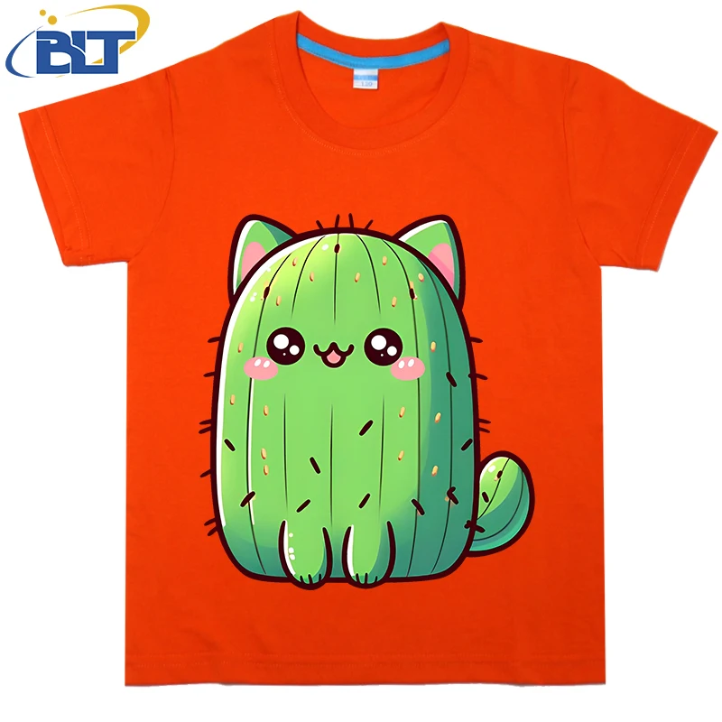 Camiseta con estampado de Cactus y gato para niños, top informal de manga corta de algodón puro, adecuado para niños y niñas, Verano