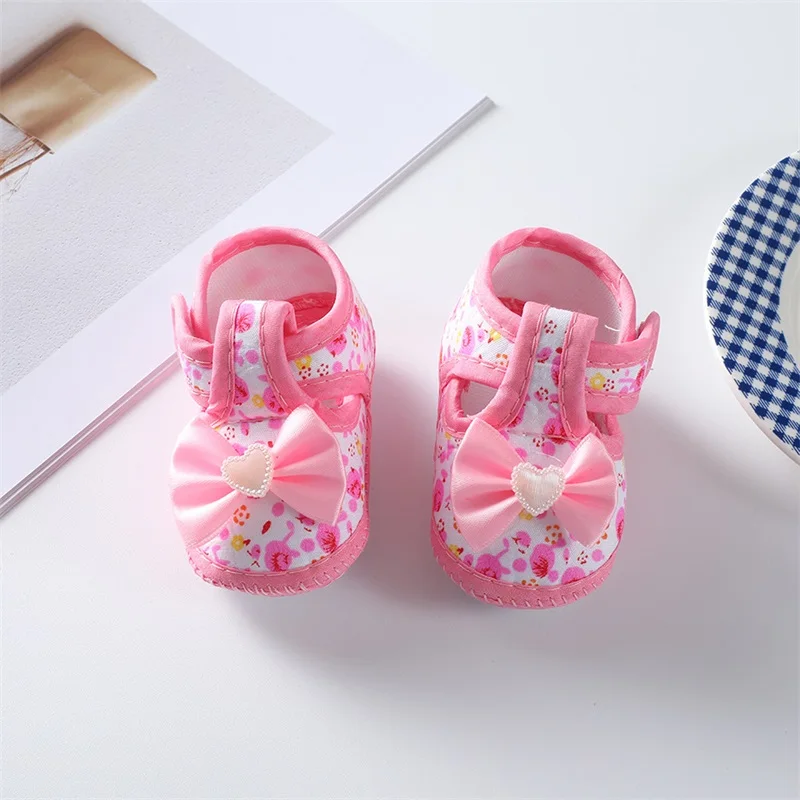 Infant Baby Girls Shoes Soft Sole Cribs Sneakers Flat First Walkers Bowknot Flower Print Non-slip Princess Wedding Dress Shoes