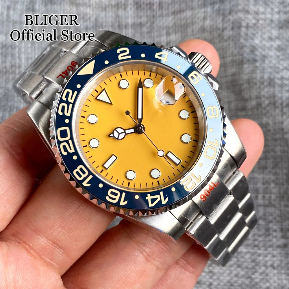 BLIGER 40mm  NH35A Movement Mechanical Automatic Watch For Men Luminous Yellow Dial Ceramics Bezel Insert Steel Bracelet