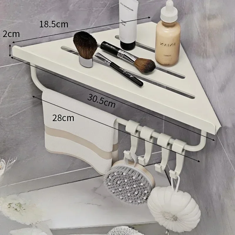 Bathroom Stainless Triangle Drain Shelf No Drilling Wall Mounted Cosmetic and Toiletries Carbon Steel Shelf with Hooks Holder