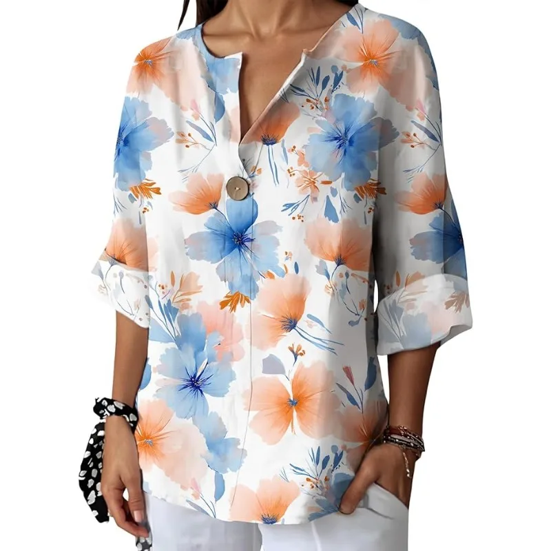

Women's Summer Tops Shirts Casual Loose Shirts 2025 New Women's Fashion V-Neck Clothing Fashion Seaside Floral Pattern Tops