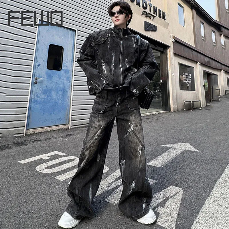 FEWQ Patchwork Men\'s Denim Suit Casual Male Jacket Gradient Color Pleated Stand Collar Zipper Men Wide Leg Jeans New 2024 9C4667