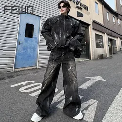 FEWQ Patchwork Men's Denim Suit Casual Male Jacket Gradient Color Pleated Stand Collar Zipper Men Wide Leg Jeans New 2024 9C4667