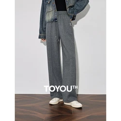 TOYOUTH Women Fleece Casual Pants 2024 Autumn and Winter New Drawstring Eleastic Waist Lazy Style Wide Leg Straight Sweatpant