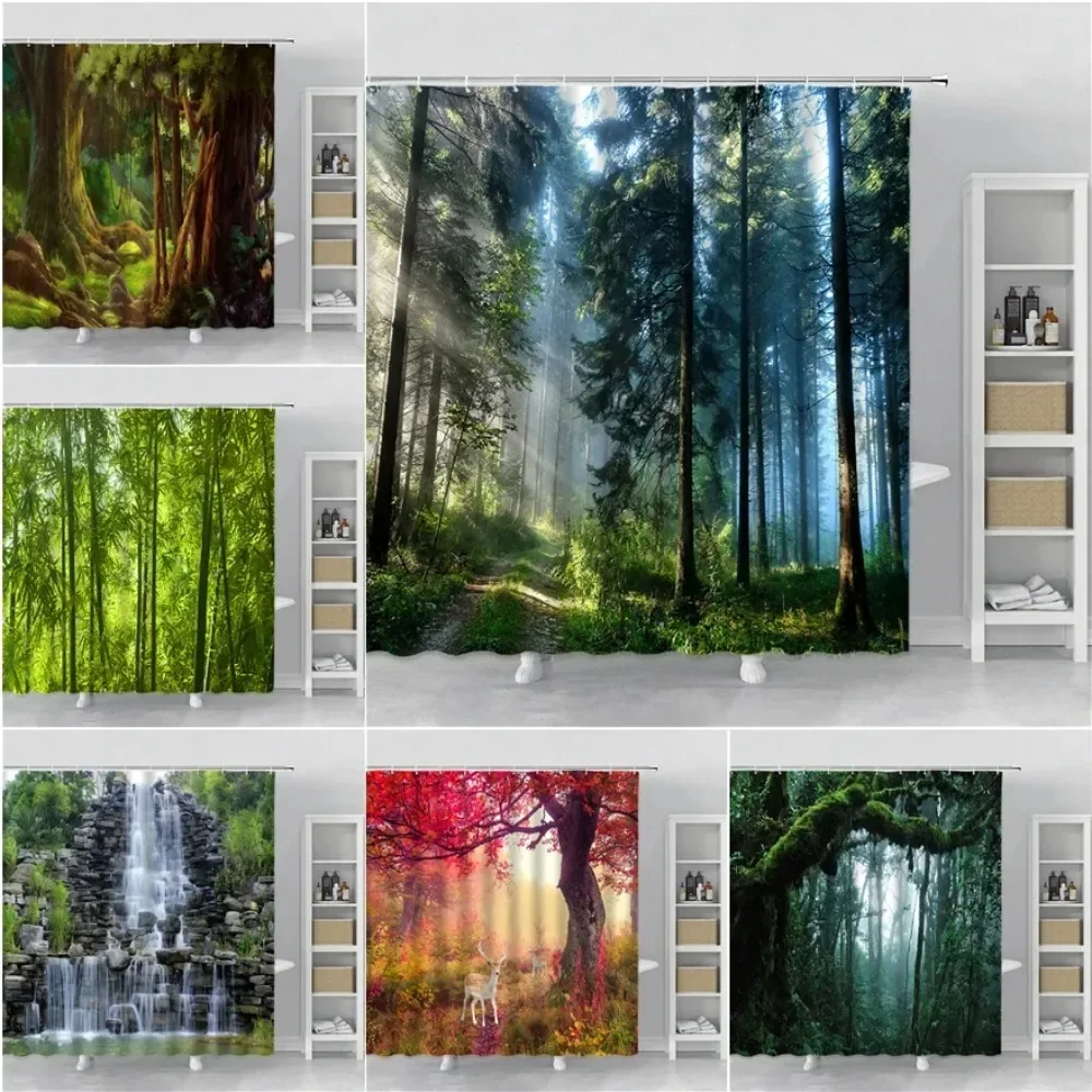 

Forest Landscape Shower Curtain Sunshine Waterfall Green Bamboo Mist Jungle Autumn Scenery Bathroom Curtains Bathtub Decor Hooks