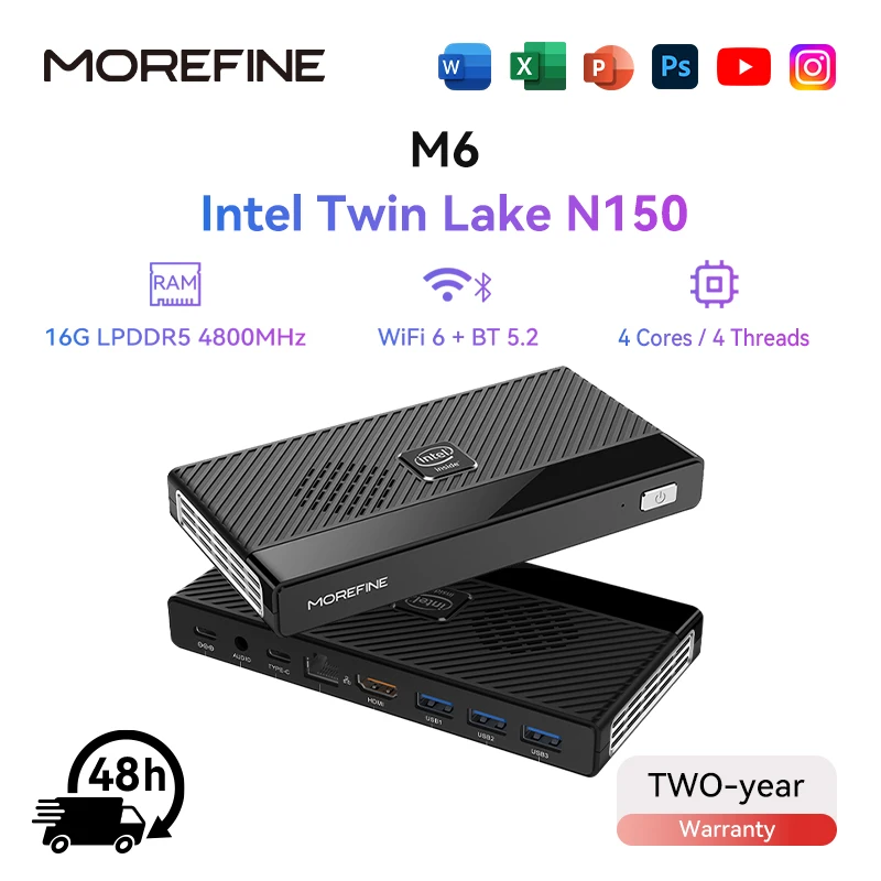 MOREFINE M6 Mini PC 12th Gen Intel N150 Windows 11 LPDDR5 2933MHz NVMe SSD Pocket Computer PC HDMI2.0 4K@60Hz WiFi 6 BT5.2